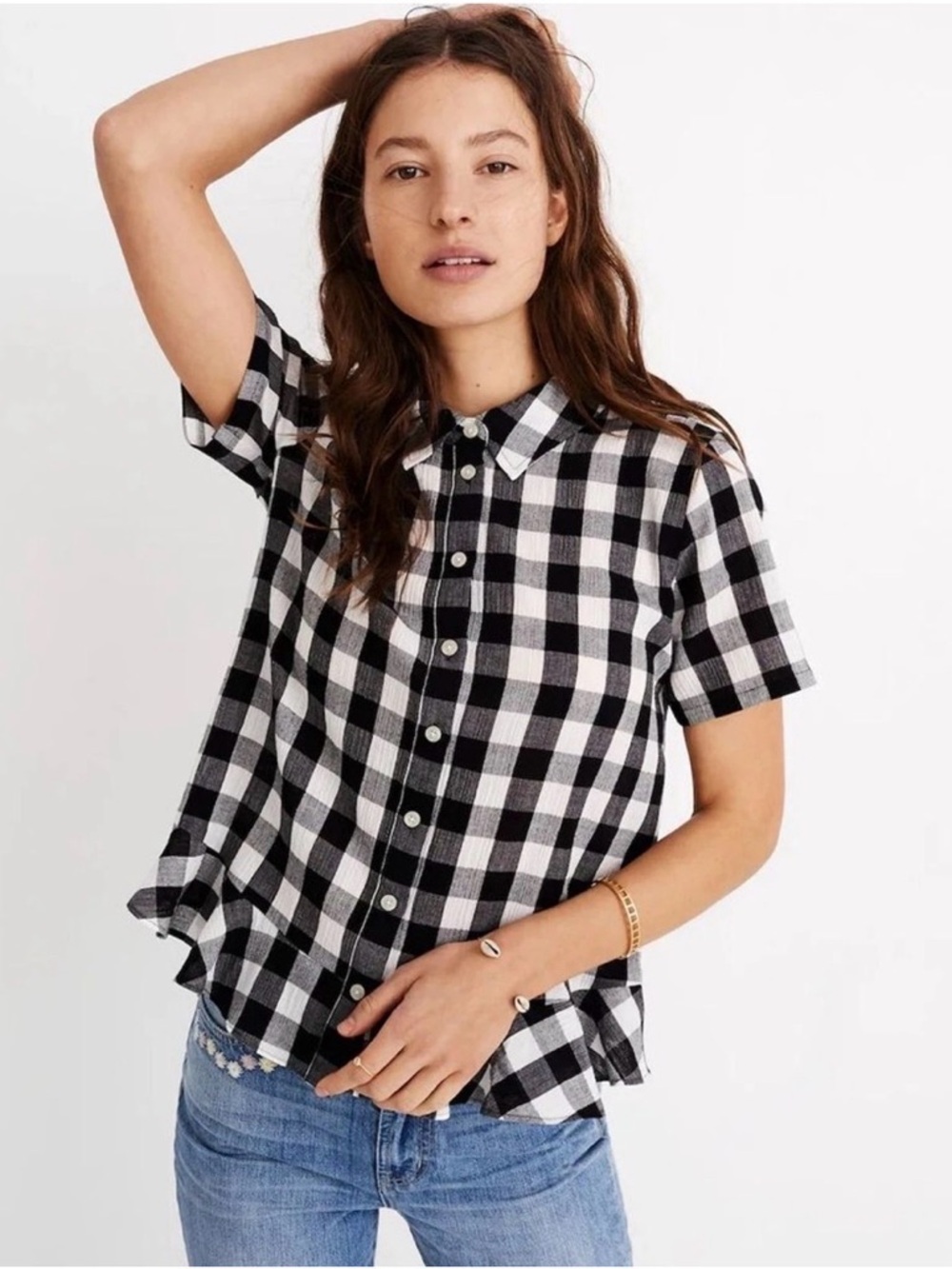 Madewell Black & White Gingham Button-Front Short Sleeve Shirt